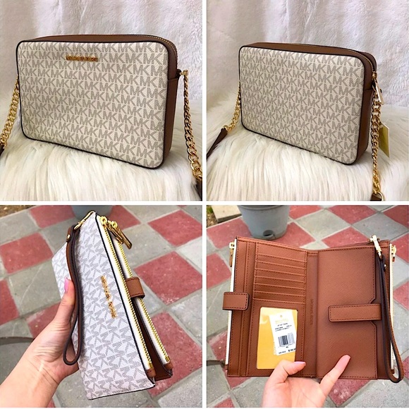 Michael Kors “Jet Set”LG Ew Crossbody & “Jet Set”Vanilla LG double zip Wristlet! - Picture 1 of 7